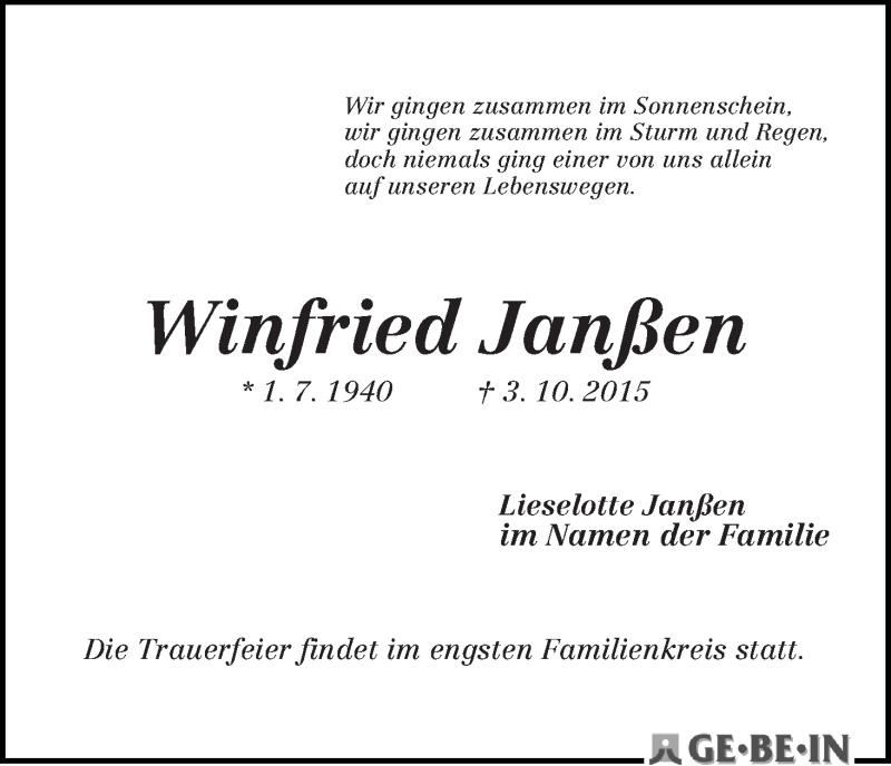 Traueranzeige von Winfried Janßen von WESER-KURIER