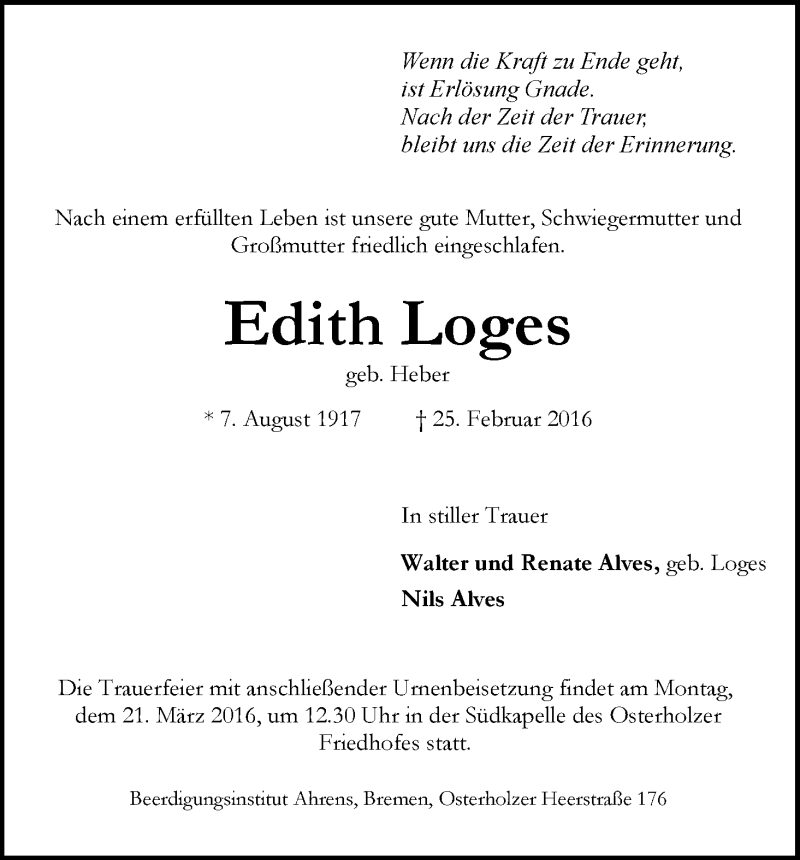 Traueranzeige von Edith Loges von WESER-KURIER