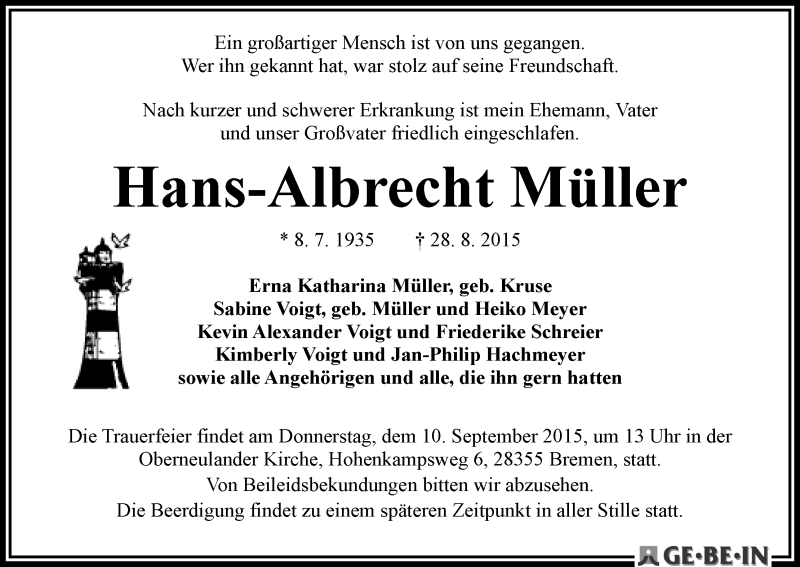 Traueranzeige von Hans-Albrecht Müller von WESER-KURIER