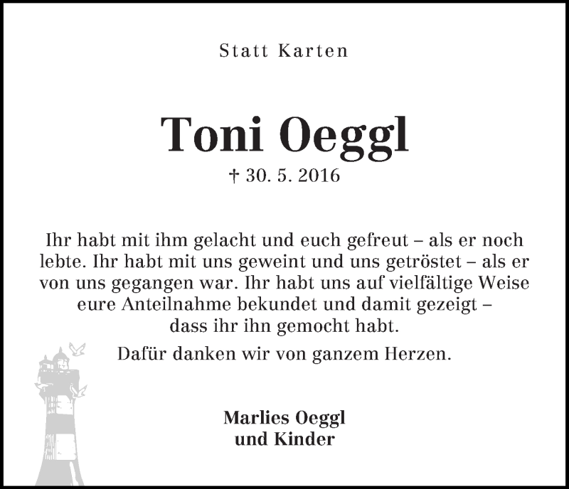 Traueranzeige von Toni Oeggl von WESER-KURIER
