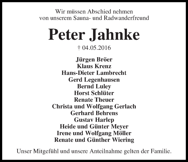  Traueranzeige für Peter Jahnke vom 07.05.2016 aus WESER-KURIER