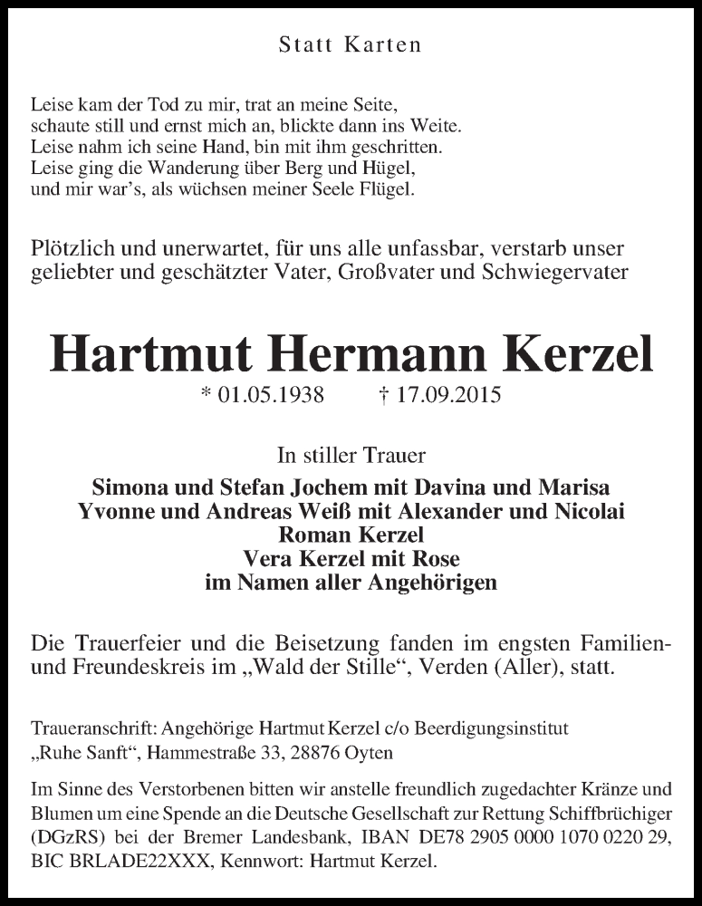  Traueranzeige für Hartmut Hermann Kerzel vom 10.10.2015 aus WESER-KURIER