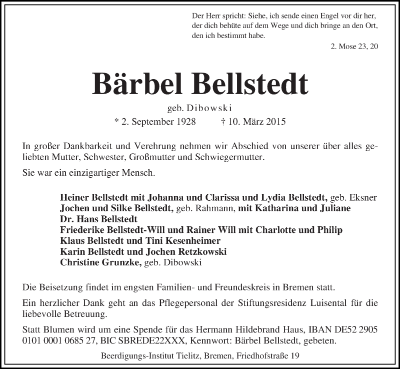 Traueranzeige von Bärbel Bellstedt von WESER-KURIER