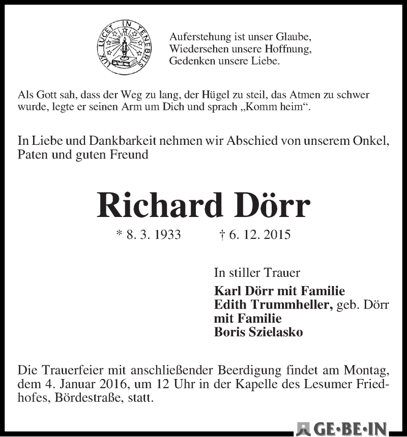 Traueranzeige von Richard Dörr von WESER-KURIER