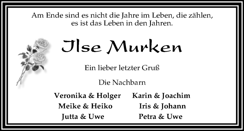 Traueranzeige von Ilse Murken von Osterholzer Kreisblatt