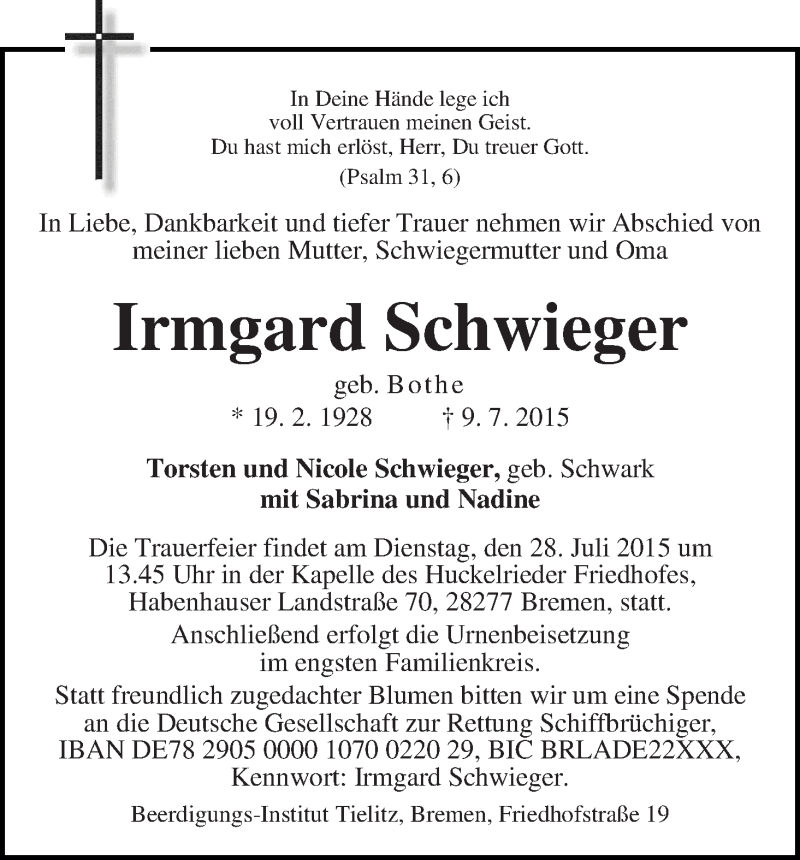 Traueranzeige von Irmgard Schwieger von WESER-KURIER