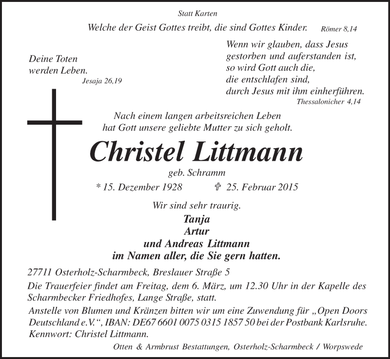 Traueranzeige von Christel Littmann von Osterholzer Kreisblatt