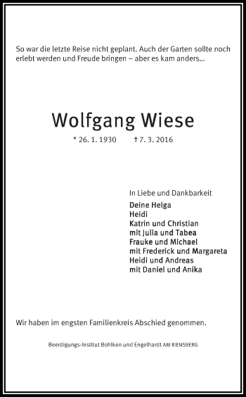 Traueranzeige von Wolfgang Wiese
