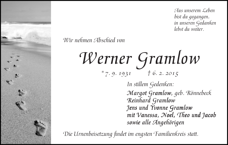 Traueranzeige von Werner Gramlow von WESER-KURIER