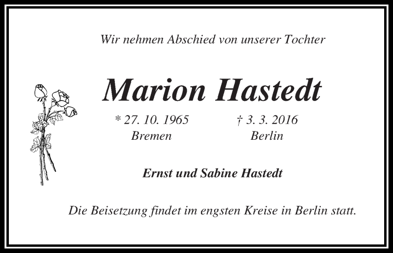  Traueranzeige für Marion Hastedt vom 09.03.2016 aus WESER-KURIER
