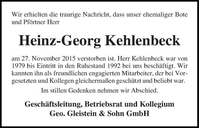 Traueranzeige von Heinz-Georg Kehlenbeck von Die Norddeutsche