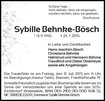 Traueranzeige von Sybille Behnke-Bösch