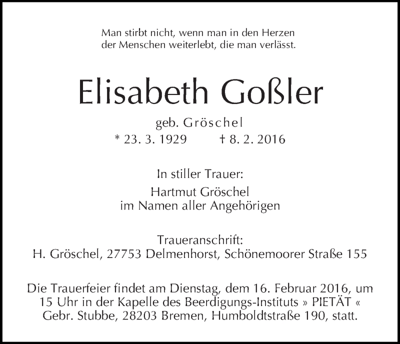 Traueranzeige von Elisabeth Goßler von WESER-KURIER