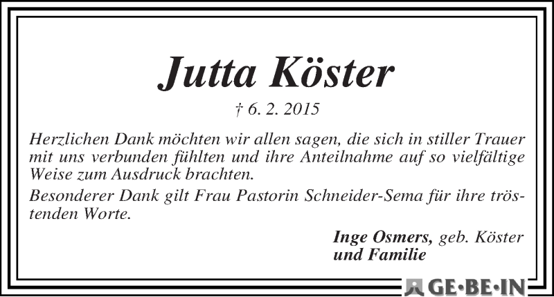 Traueranzeige von Jutta Köster von WESER-KURIER