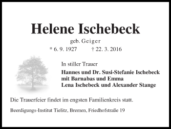 Traueranzeige von Helene Ischebeck