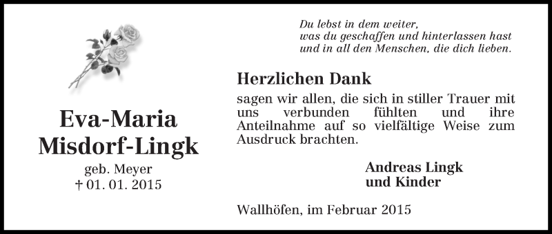 Traueranzeige von Eva-Maria Misdorf-Lingk von Osterholzer Kreisblatt