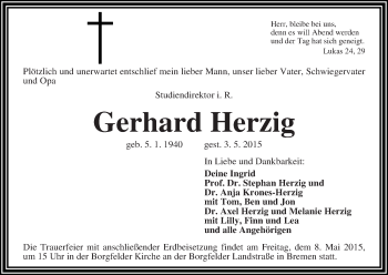 Traueranzeige von Gerhard Herzig