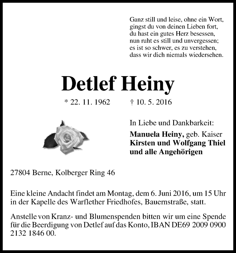 Traueranzeige von Detlef Heiny von Die Norddeutsche