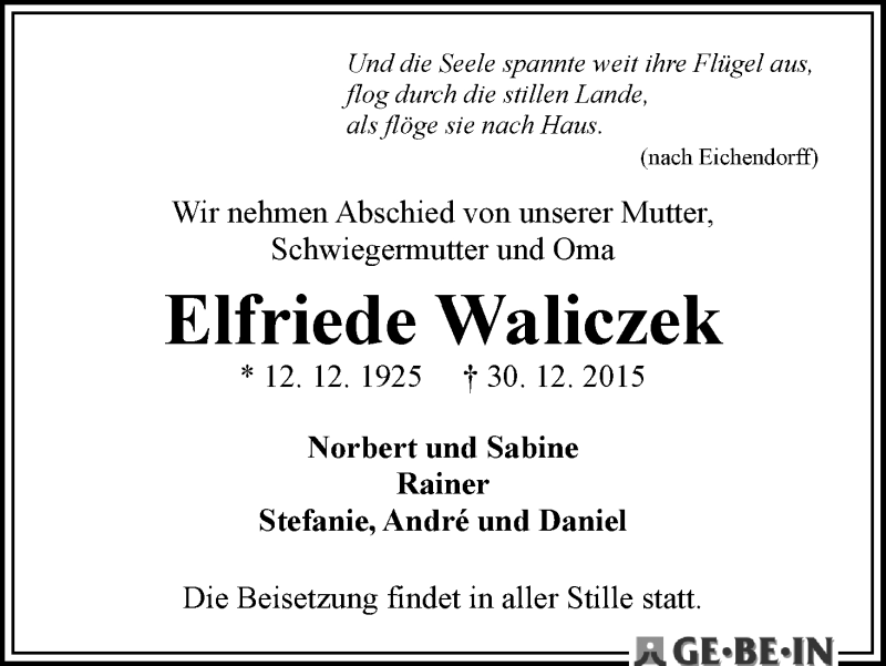 Traueranzeige von Elfriede Waliczek von WESER-KURIER