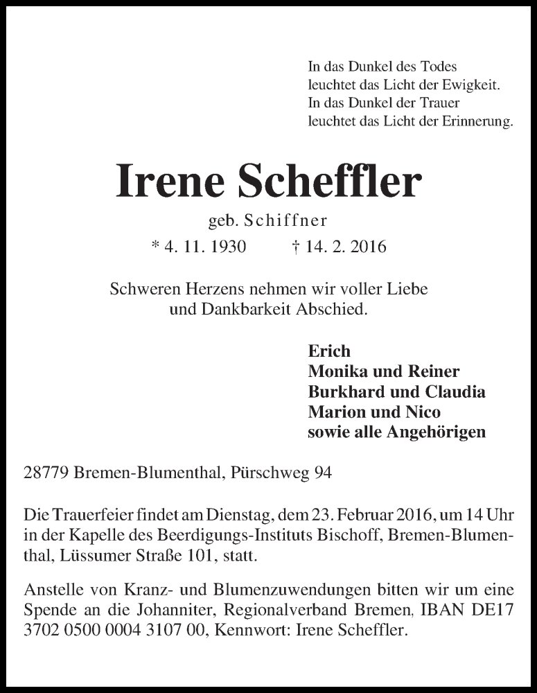 Traueranzeige von Irene Scheffler von Die Norddeutsche