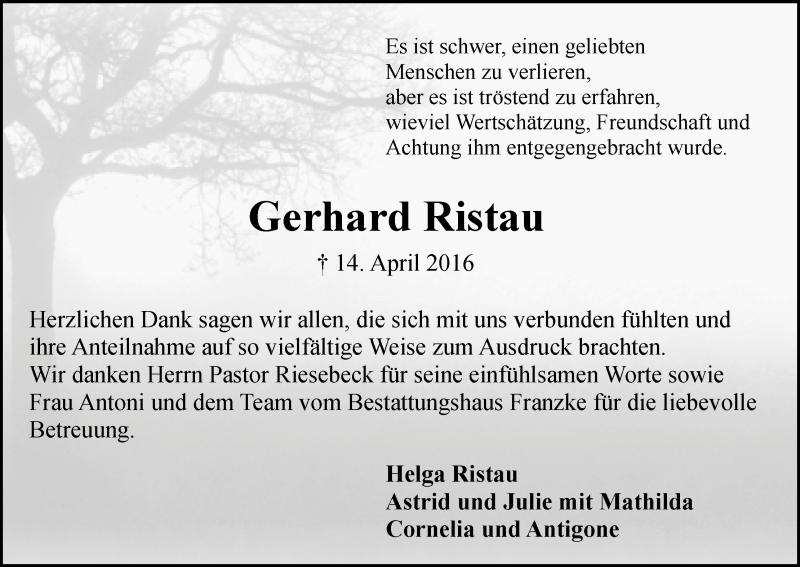 Traueranzeige von Gerhard Ristau von Wuemme Zeitung