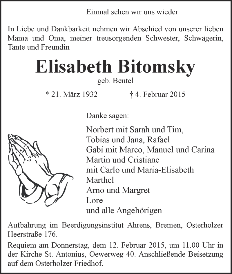 Traueranzeige von Elisabeth Bitomsky von WESER-KURIER