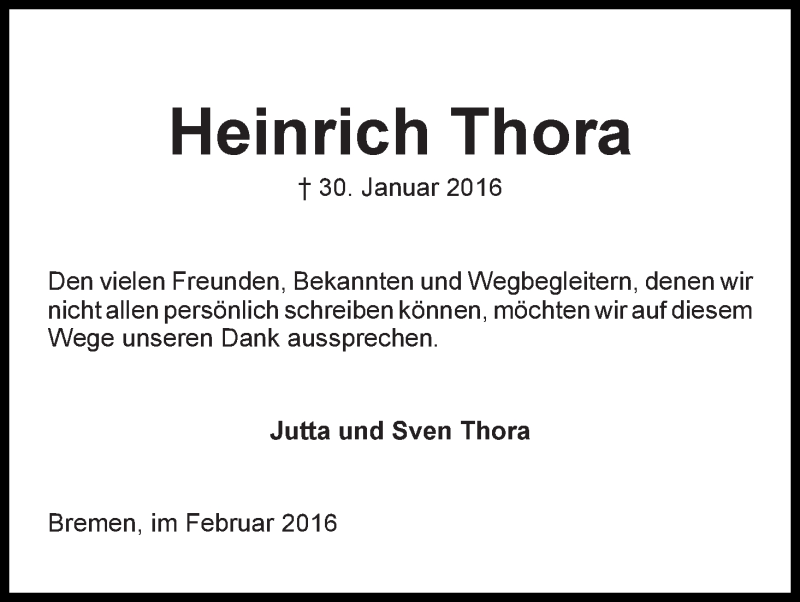 Traueranzeige von Heinrich Thora von Die Norddeutsche