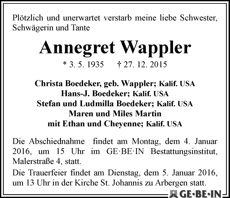 Traueranzeige von Annegret Wappler von WESER-KURIER