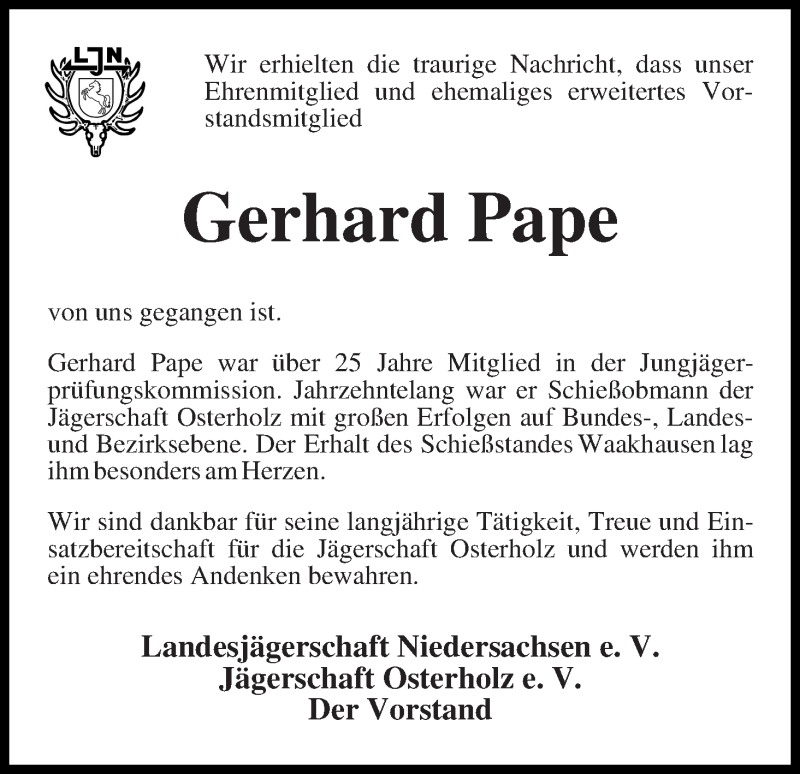 Traueranzeige von Gerhard Pape von Wuemme Zeitung
