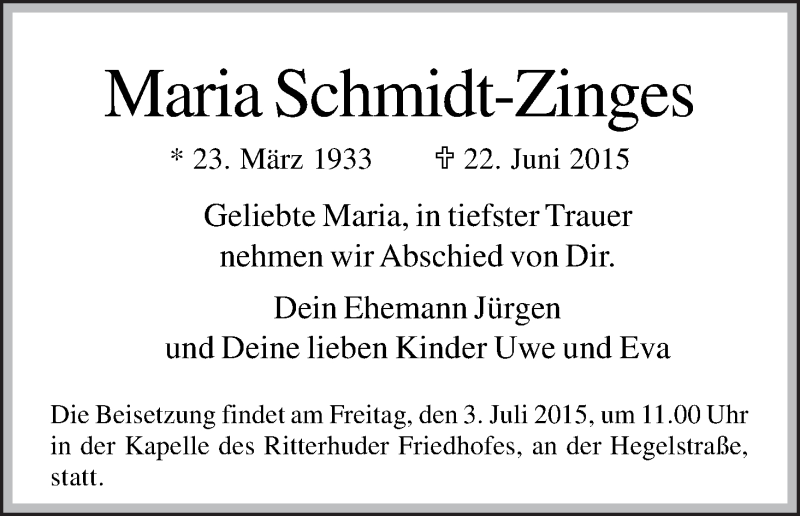  Traueranzeige für Maria Schmidt-Zinges vom 27.06.2015 aus Osterholzer Kreisblatt