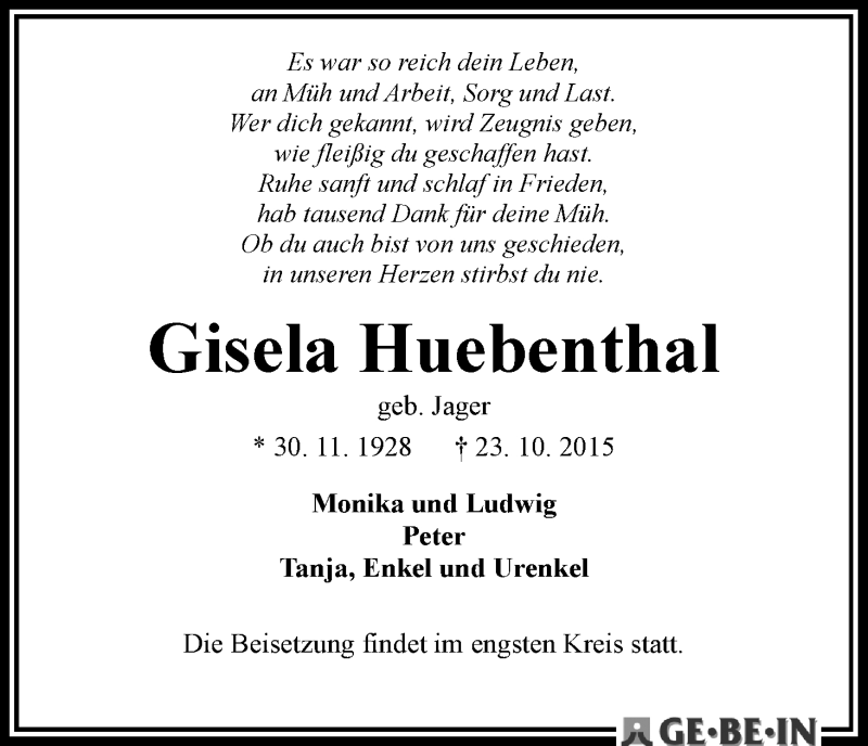 Traueranzeige von Gisela Huebenthal von WESER-KURIER