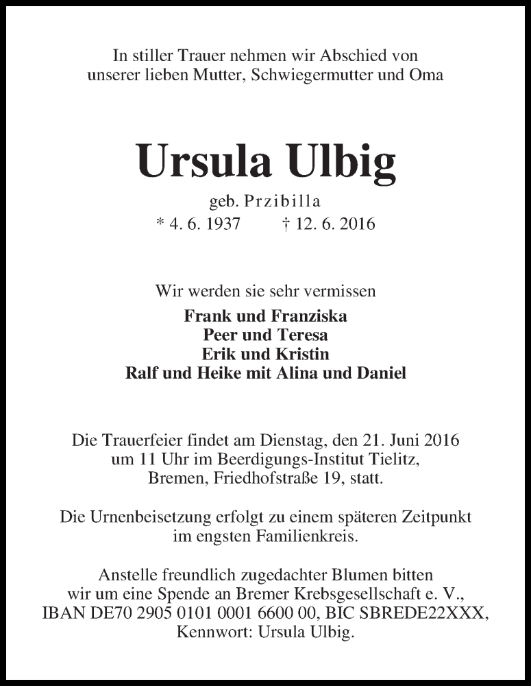 Traueranzeige von Ursula Ulbig von WESER-KURIER