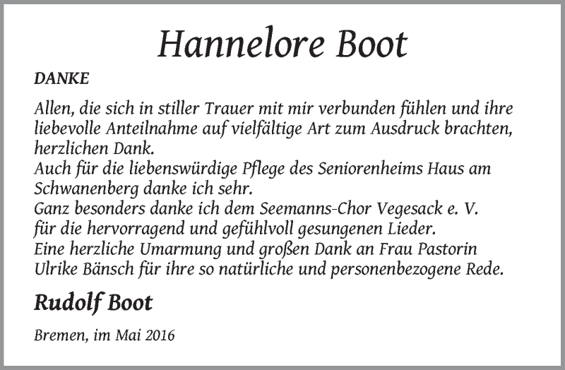 Traueranzeige von Hannelore Boot von WESER-KURIER