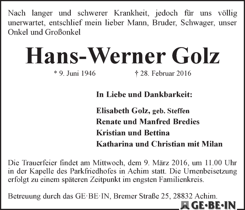 Traueranzeige von Hans-Werner Golz von WESER-KURIER