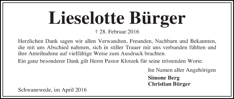 Traueranzeige von Lieselotte Bürger von Die Norddeutsche