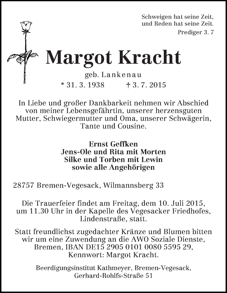 Traueranzeige von Margot Kracht von Die Norddeutsche