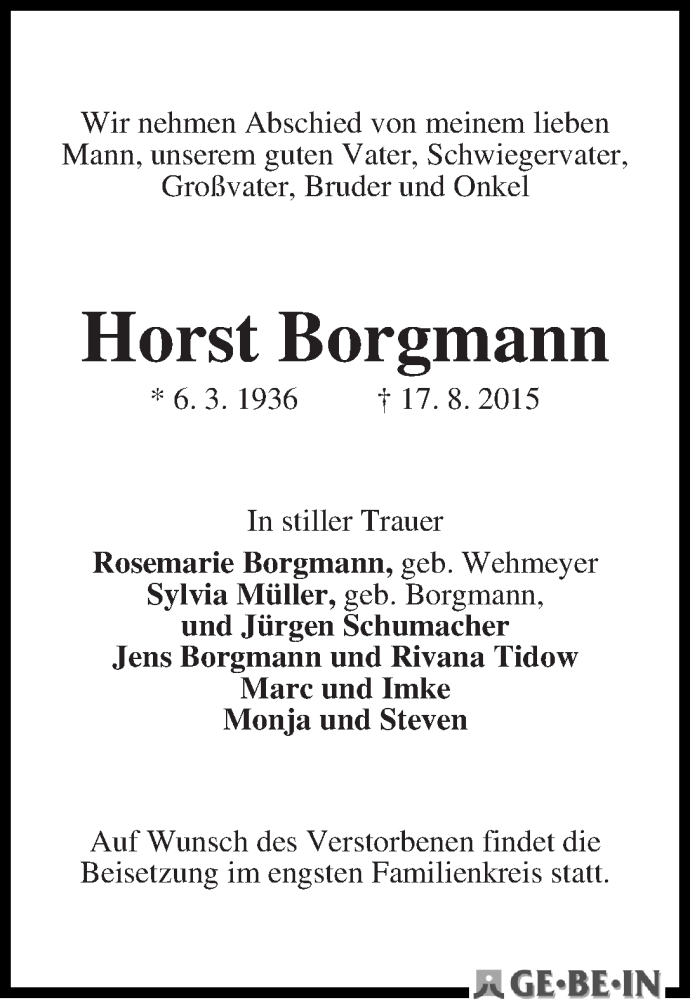 Traueranzeige von Horst Borgmann von WESER-KURIER