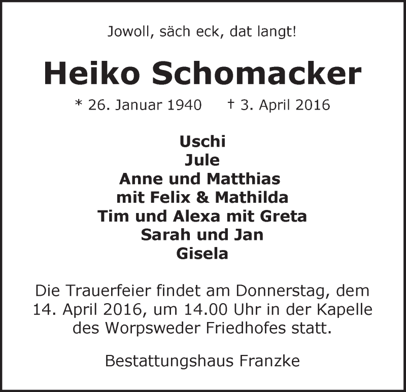 Traueranzeige von Heiko Schomacker von Wuemme Zeitung