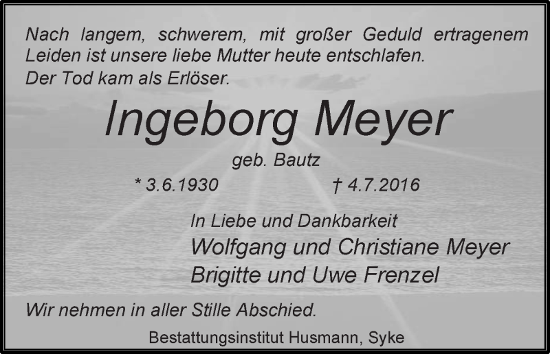 Traueranzeige von Ingeborg Meyer von WESER-KURIER