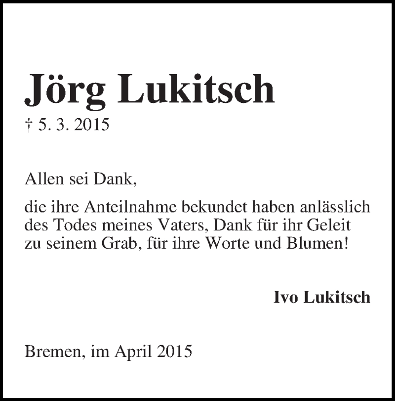 Traueranzeige von Jörg Lukitsch von WESER-KURIER