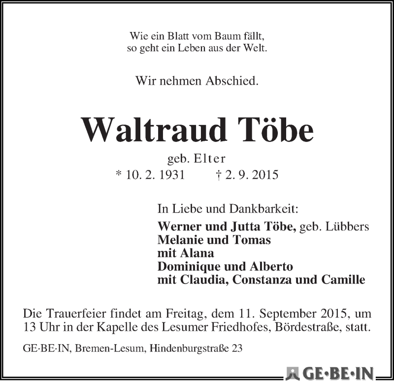 Traueranzeige von Waltraud Töbe von Die Norddeutsche