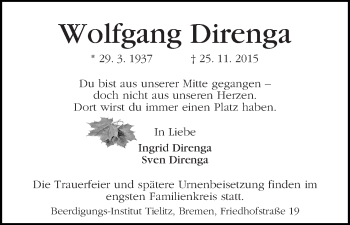 Traueranzeige von Wolfgang Direnga