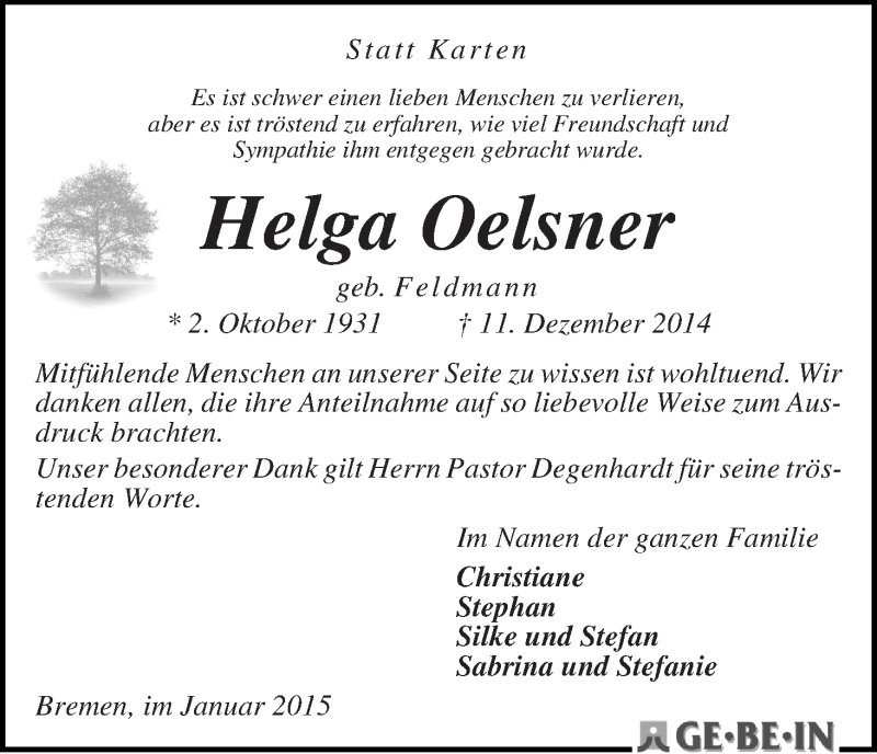 Traueranzeige von Helga Oelsner von WESER-KURIER