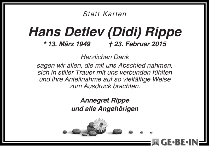 Traueranzeige von Hans Detlev Didi Rippe von WESER-KURIER