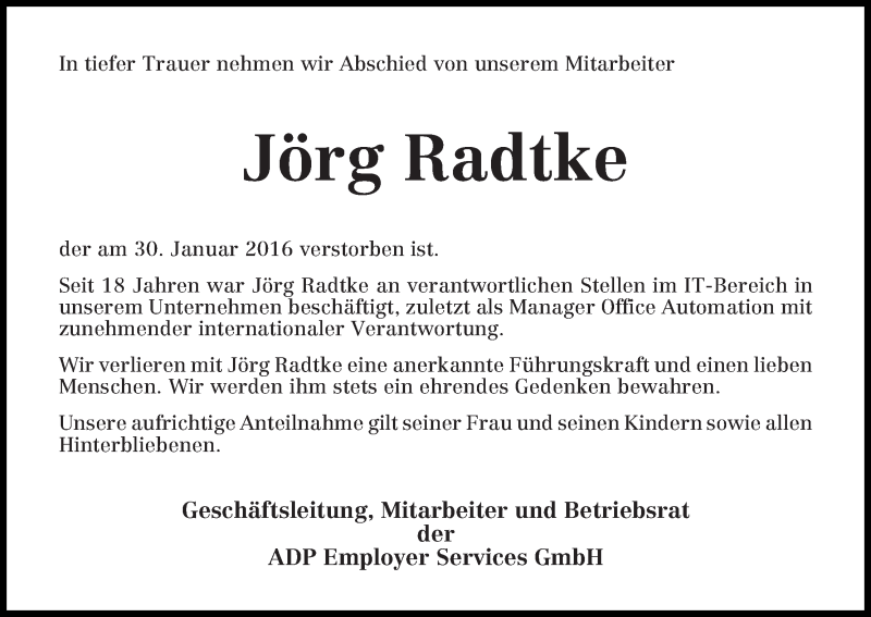  Traueranzeige für Jörg Radtke vom 04.02.2016 aus WESER-KURIER