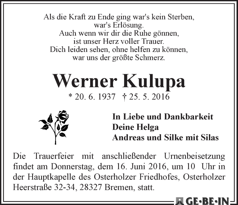 Traueranzeige von Werner Kulupa von WESER-KURIER