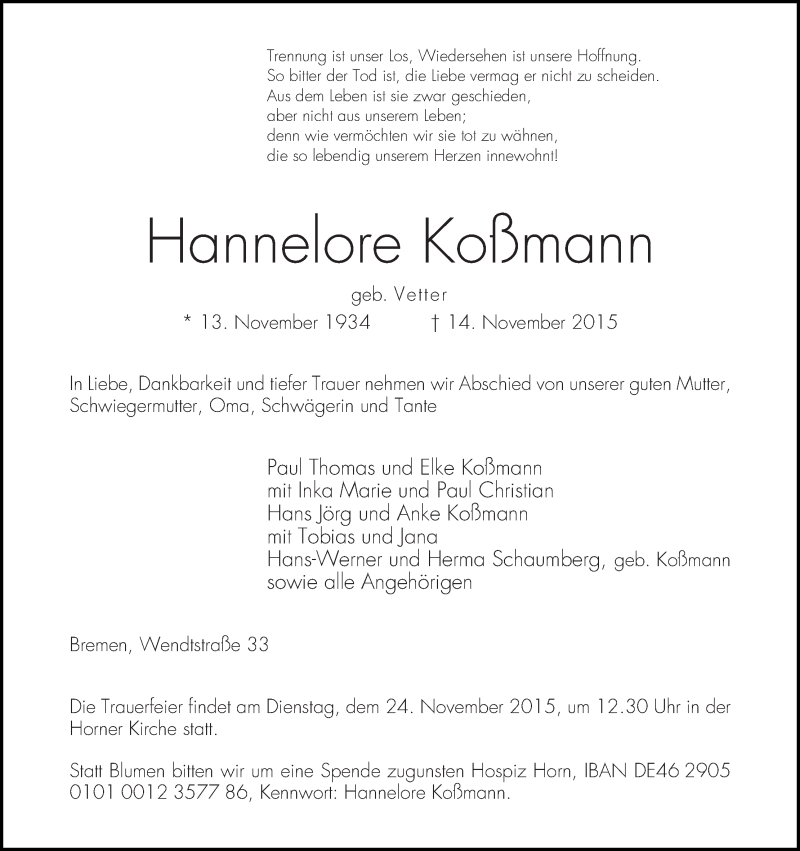  Traueranzeige für Hannelore Koßmann vom 21.11.2015 aus WESER-KURIER