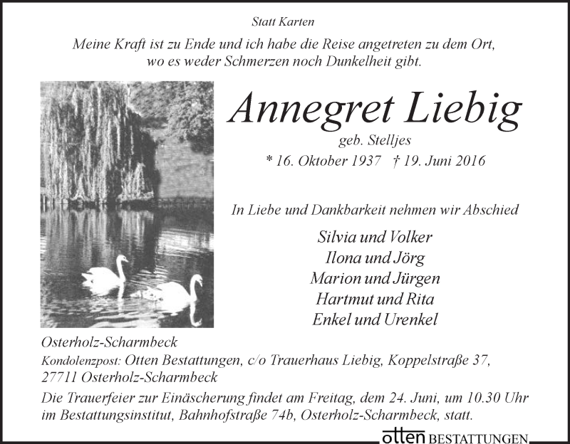 Traueranzeige von Annegret Liebig von Osterholzer Kreisblatt