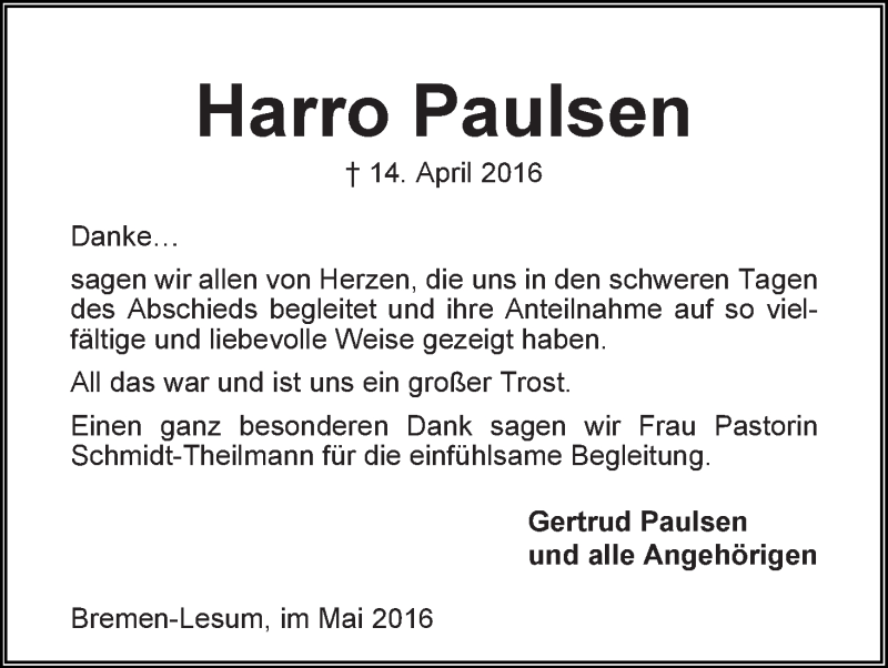 Traueranzeige von Harro Paulsen von Die Norddeutsche