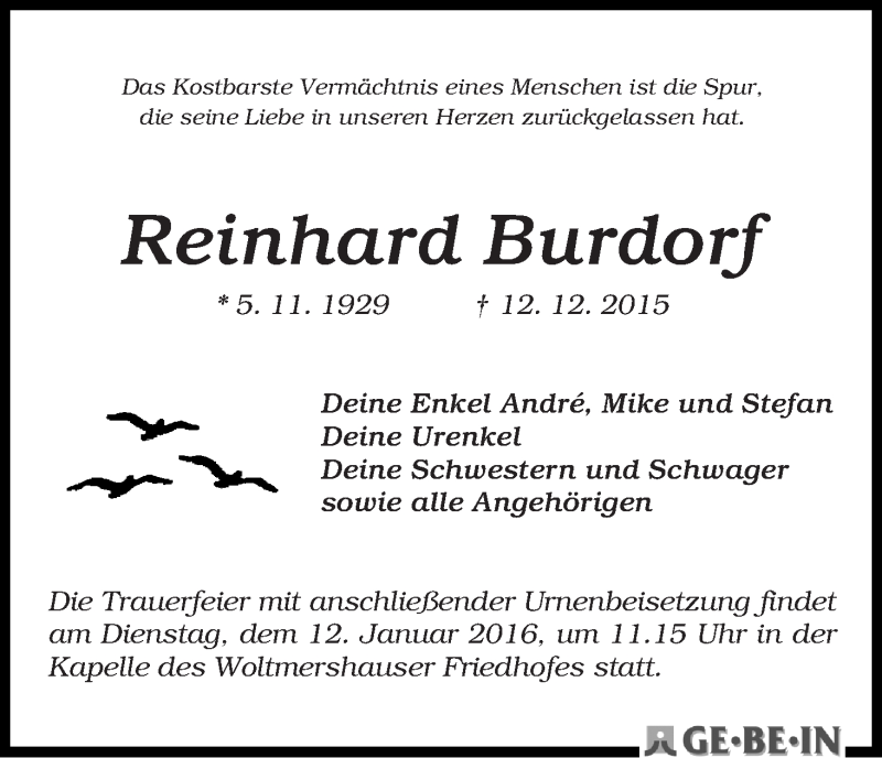 Traueranzeige von Reinhard Burdorf von WESER-KURIER